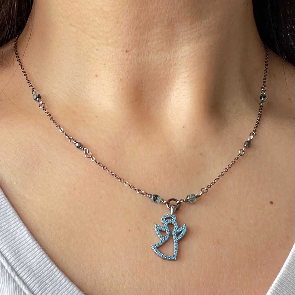Handmade Blue CZ Guardian Angel Beaded Necklace Angelic Style
